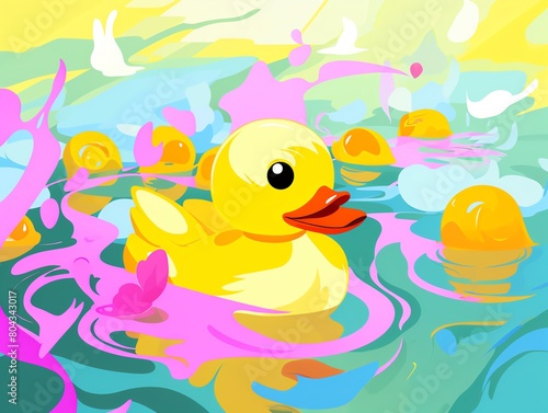 A yellow rubber duck floats in a psychedelic pool of water.