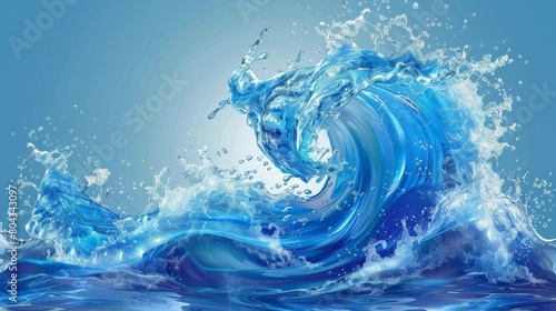 A realistic vector illustration of a transparent blue water wave splash, resembling a pouring swirl or spill. This image depicts the flow of cold water or soda.