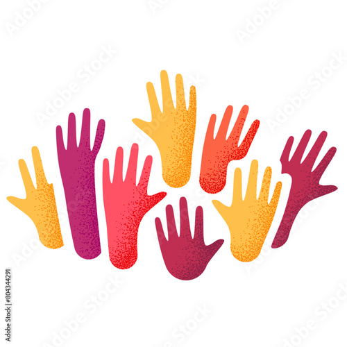 Many colored human hands up illustration with grainy noise effect