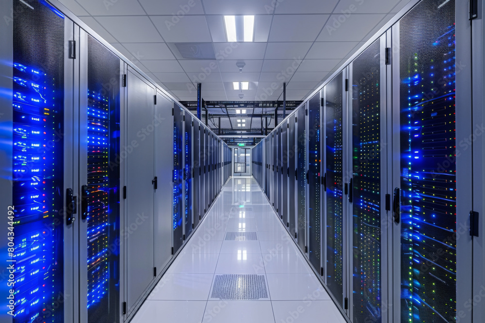Fototapeta premium Network servers standing in a row inside a data center.Computer server room.