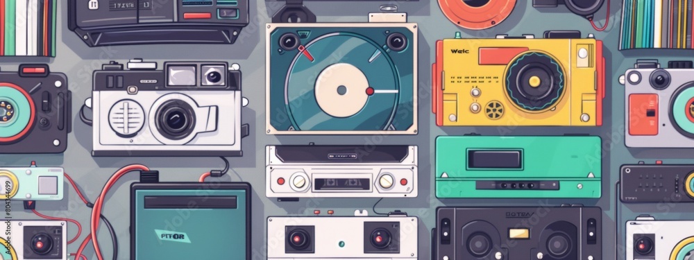 Obraz premium Retro-inspired illustrations of technology gadgets such as cameras, cassette tapes, or vinyl records.