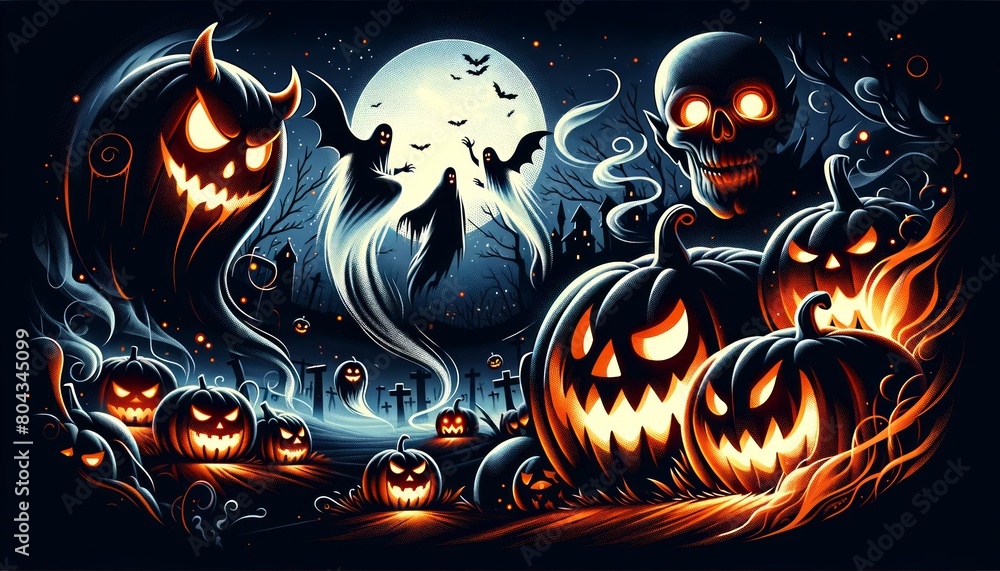 A night with many ominously glowing jack-o-lanterns, with figures of devils, ghosts, bats against the backdrop of the full moon and a foggy landscape with an eerie Halloween atmosphere. A night with many ominously glowing jack-o-lanterns, with figures of devils, ghosts, bats against the backdrop of the full moon and a foggy landscape with an eerie Halloween atmosphere.