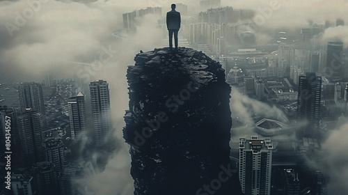 A businessman stands at the edge of a cliff, facing a chasm that symbolizes the risks of business decisions, distant view, poetic