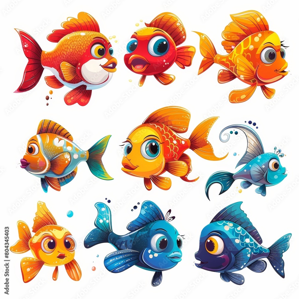 Naklejka premium A collection of cartoon fish with different colors and expressions