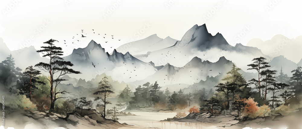 Misty mountain peaks loom over a serene landscape dotted with tall pine trees, autumn foliage, and birds gliding above a gentle river, painted in delicate watercolors.