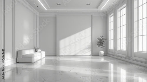 Minimalist design with elegant lighting and monochrome palette in an empty showroom mockup.