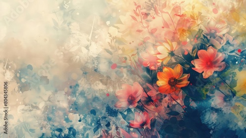 Wonder abstract ecology concept unknown flowers mixed with watercolor textures dynamic background.