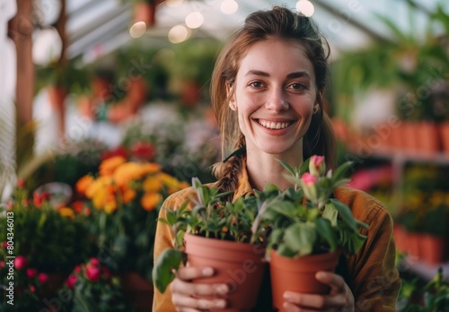 Cheerful woman gardener in flower shop holds pot plants, smiles at camera. Floral store business, good mood, flower seller