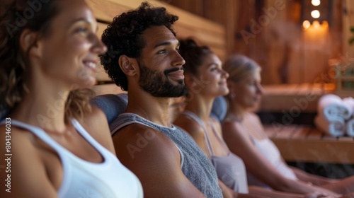 A group of people sitting in a sauna together sharing their stories and experiences with using it as a form of chronic illness management.. © Justlight
