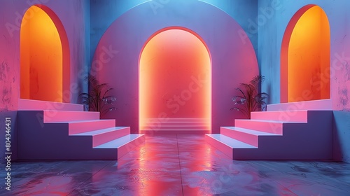 liminal space, pink and blue pastel colors, archways, stairs, 3d render photo
