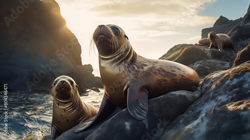 Golden Seal relaxing in sunshine on rocks - Aquatic life photography photo