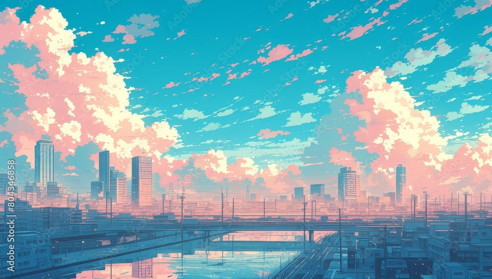 A comic book panel of an empty city street with buildings on either side, pink and blue sky with clouds at sunset.
