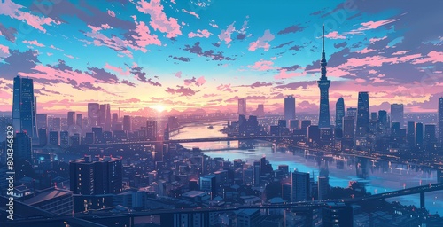 A comic book panel of an endless cityscape stretching into the horizon  with buildings reaching towards pink and blue clouds at sunset.