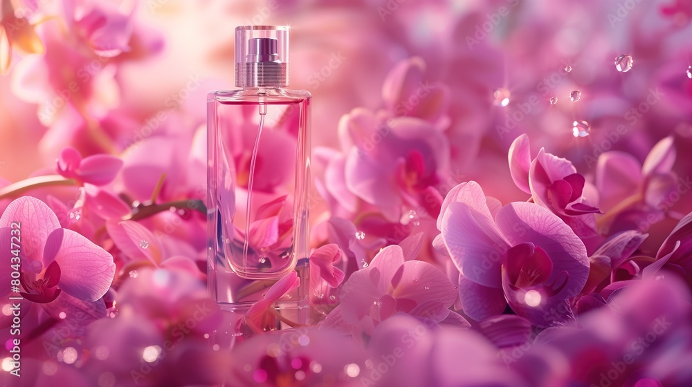 Stylish bottle with perfume on a background of orchid petals Stylish bottle with perfume on a background of orchid petals