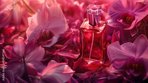 Stylish bottle with perfume on a background of orchid petals