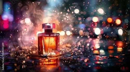 Stylish bottle with perfume under raindrops