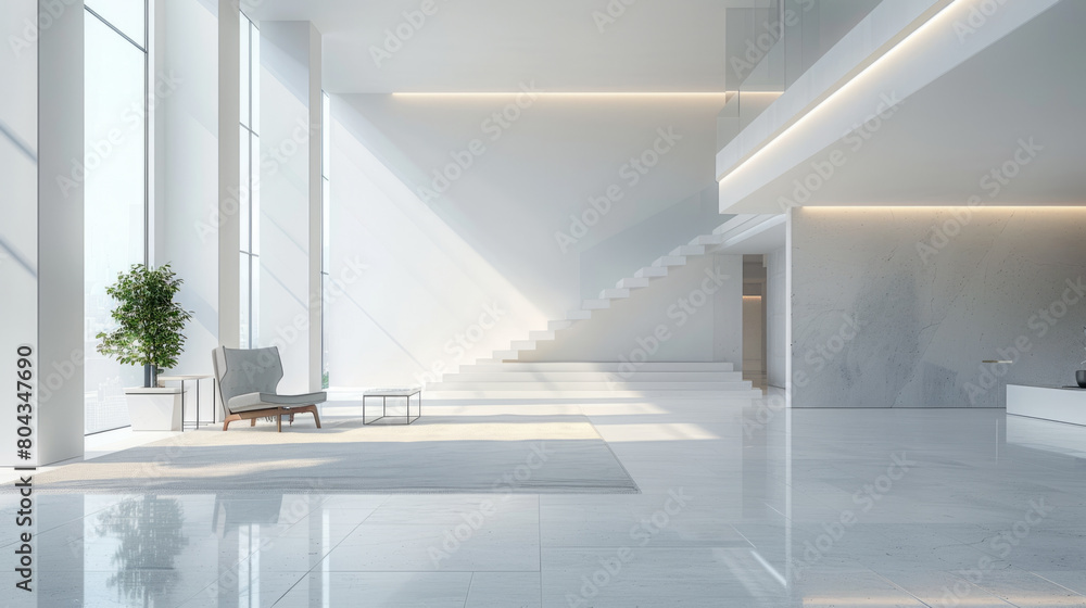 Fototapeta premium Sleek, modern furnishings in an empty showroom, highlighted by soft ambient lighting.