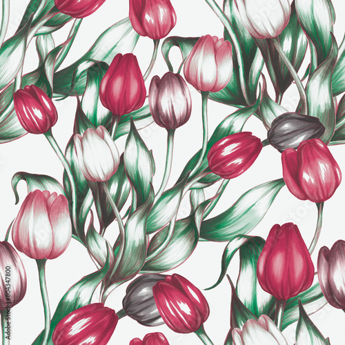 Seamless pattern with hand drawn tulips. Vintage floral ornament. Spring bota...