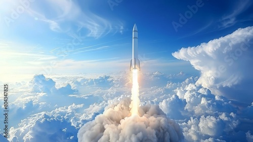 Isolated missile rocket launch with fiery trail on white background for striking visuals