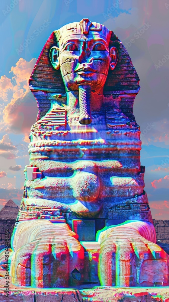 Artistic interpretation of the Sphinx, stylized and surreal, vibrant colors set against a plain, pastel background