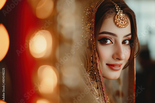 Young beautiful indian woman looking in the mirror