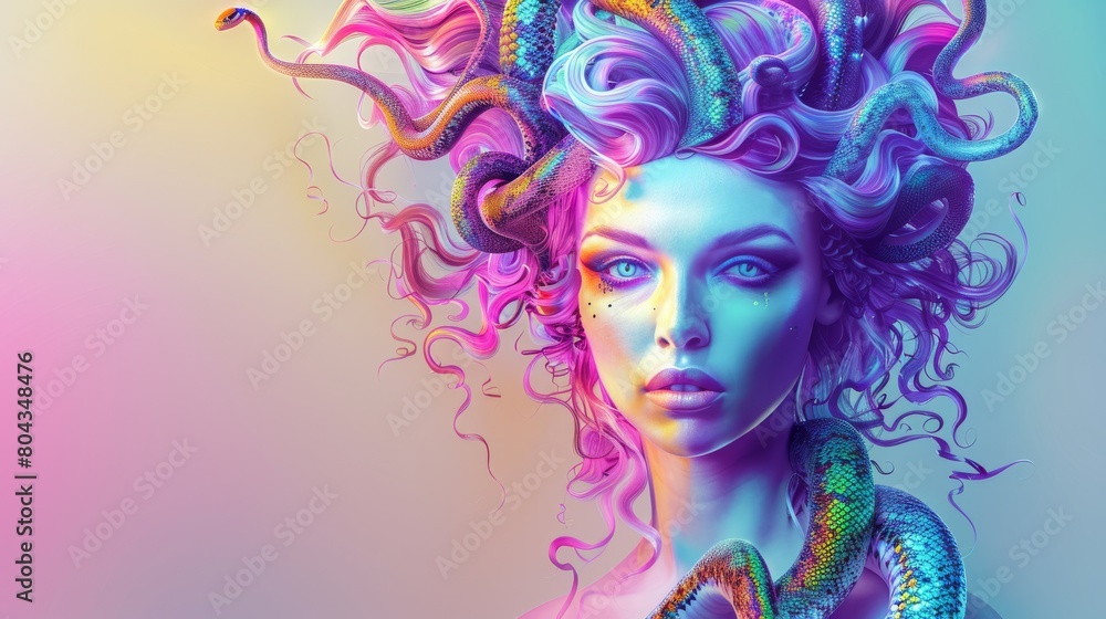 Artistic rendering of Medusa with colorful snake hair, vibrant and mesmerizing, set against a plain pastel background