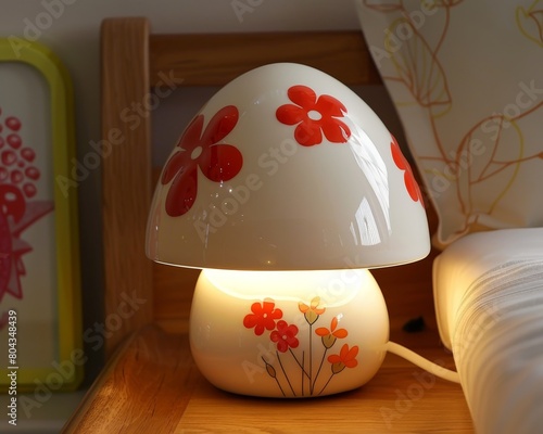 A ceramic mushroom lamp with red and orange flower decals photo