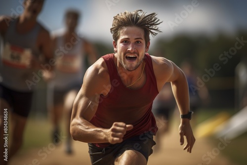 A man in a red tank top runs with his arms outstretched