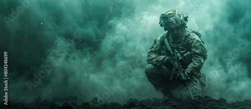A special forces soldier in camouflage kneels with an assault rifle on a green and black background in a dark cinematic style with smoke effects