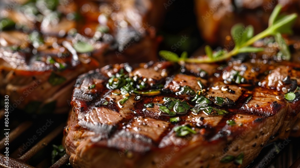 Succulent Grilled Steak with Fresh Herbs Close-Up Succulent Grilled Steak with Fresh Herbs Close-Up