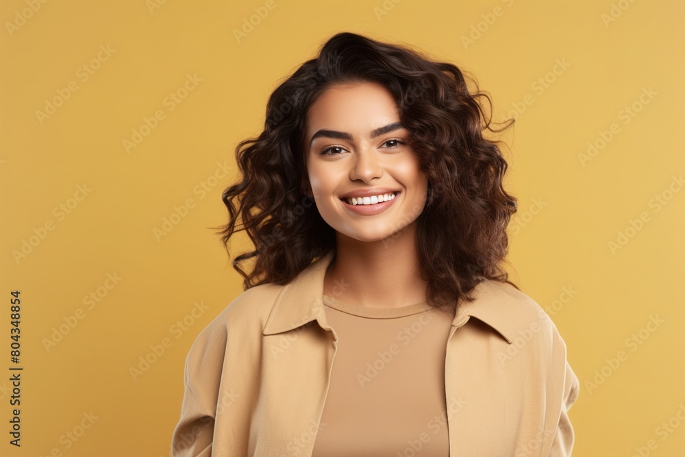 A woman with curly hair is smiling and wearing a tan jacket A woman with curly hair is smiling and wearing a tan jacket
