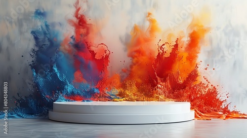 podium with blue, red and yellow powder explosion photo