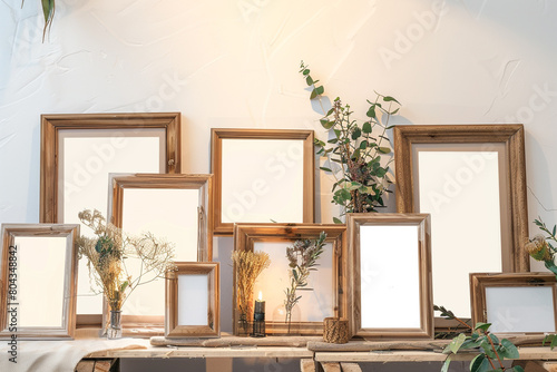 the cozy gallery nook  where a small group of wooden mockup frames of various sizes are clustered together on a white wall exhibit exhibit