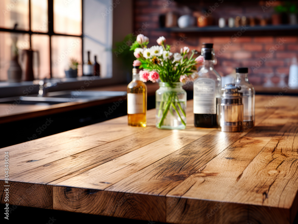 A wooden countertop with bottles and flowers, warm interior light, modern kitchen background, concept of home. Generative AI A wooden countertop with bottles and flowers, warm interior light, modern kitchen background, concept of home. Generative AI