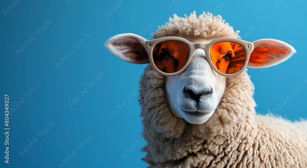 Fototapeta premium Funny cute sheep with curly wool in sunglasses