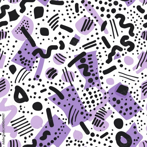 A seamless pattern of hand-drawn shapes, including wavy lines, dots, and rectangles in black and purple on a white background.