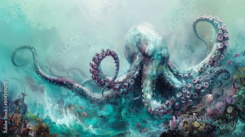 Artistic representation of a Kraken in peaceful coexistence with marine life  set against a soft  aqua background