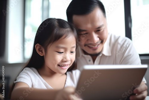 A man and a little girl are looking at a tablet together