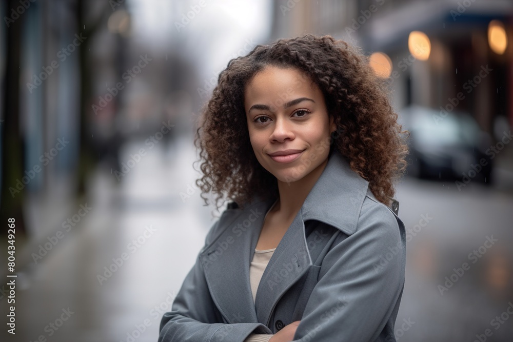 A woman with curly hair is standing on a wet sidewalk, wearing a gray coat A woman with curly hair is standing on a wet sidewalk, wearing a gray coat