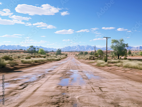 A scenic desert landscape with a muddy road, green shrubs, and distant mountains under a blue sky, invoking a sense of exploration. Generative AI