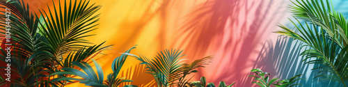  Lush green palm leaves cast playful shadows on a sunny yellow backdrop, creating a vibrant and tropical aesthetic perfect for a lively summer banner