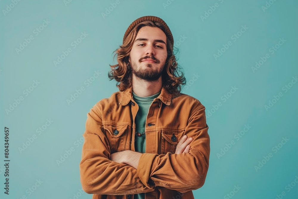 A man with long hair and a beard is wearing a brown jacket and a hat A man with long hair and a beard is wearing a brown jacket and a hat