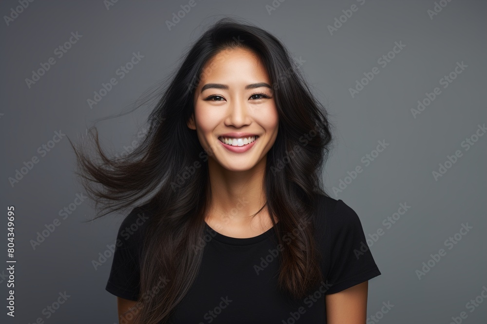 A woman with long hair is smiling and wearing a black shirt A woman with long hair is smiling and wearing a black shirt