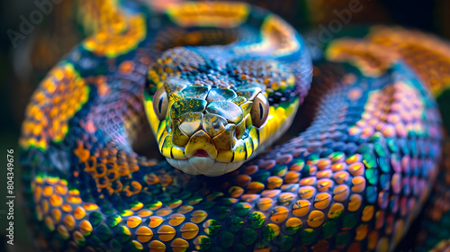 Close-up Shot of Green-yellow Venomous Snake: A Study in Vivid Detail and Intense Colors photo