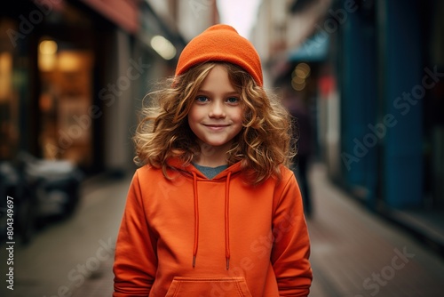 A young girl wearing an orange hoodie and a red hat is smiling © Juan Hernandez