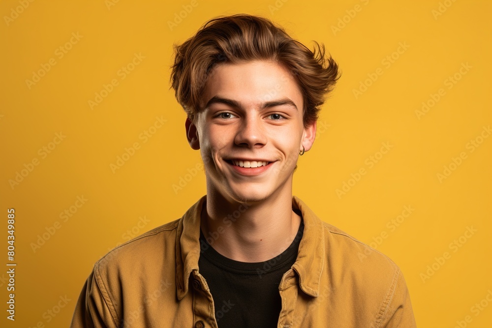 A young man with a smile on his face is wearing a yellow shirt and black shirt A young man with a smile on his face is wearing a yellow shirt and black shirt