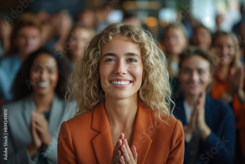 Happy businesswoman at corporate event. Radiates positivity and leadership, perfect for motivational content and professional settings