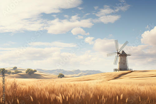 A charming country windmill standing tall among fields of golden wheat under a cloudy sky  isolated on solid white background.
