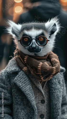 Stylish lemur moves through city streets in tailored splendor, epitomizing street style. The realistic urban setting captures this primatial charm, seamlessly merging exotic allure with contemporary f