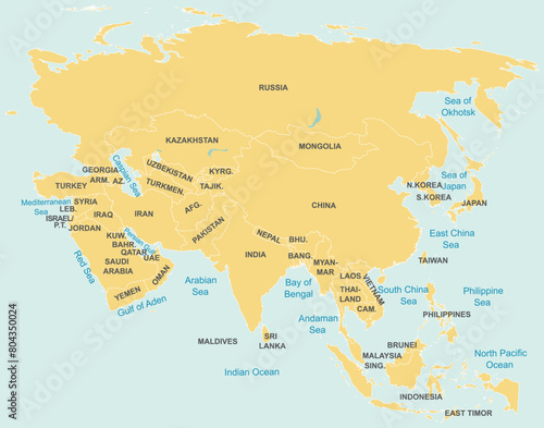 Orange detailed political map of ASIA with white country borders and name tags using orthographic projection on blue background